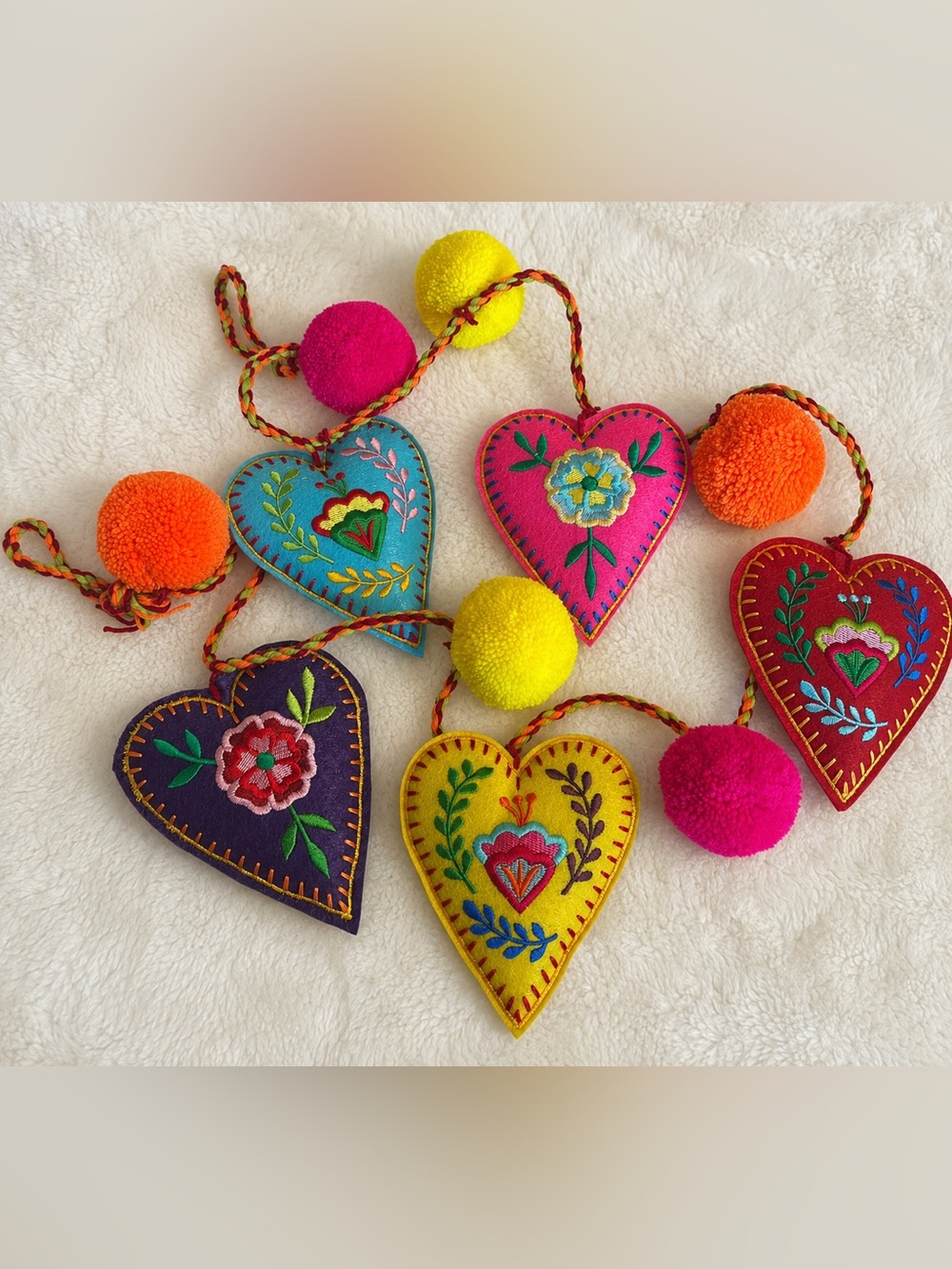 World Market Multicolor Embroidered Heart Pom Pom Garland